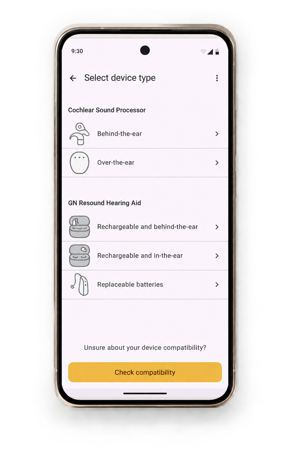 Device selection screen showing sound processor and hearing aid types, with compatibility guidance.