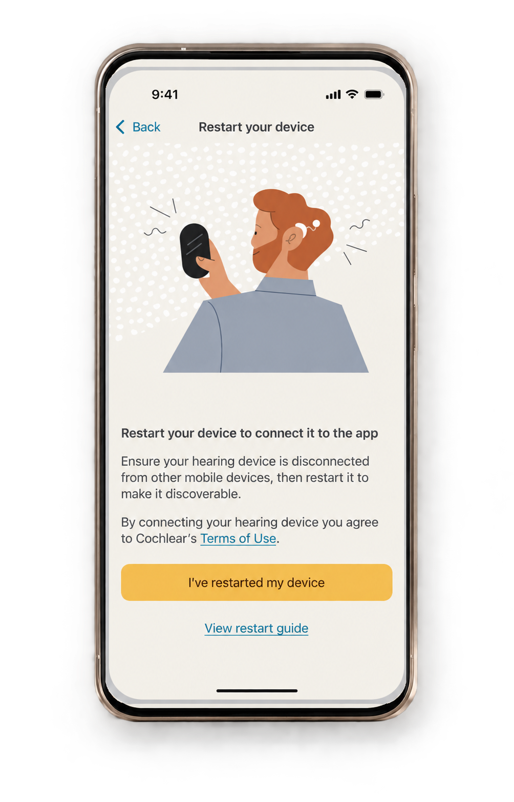 Guided setup screen explaining how to restart a hearing device and make it discoverable.