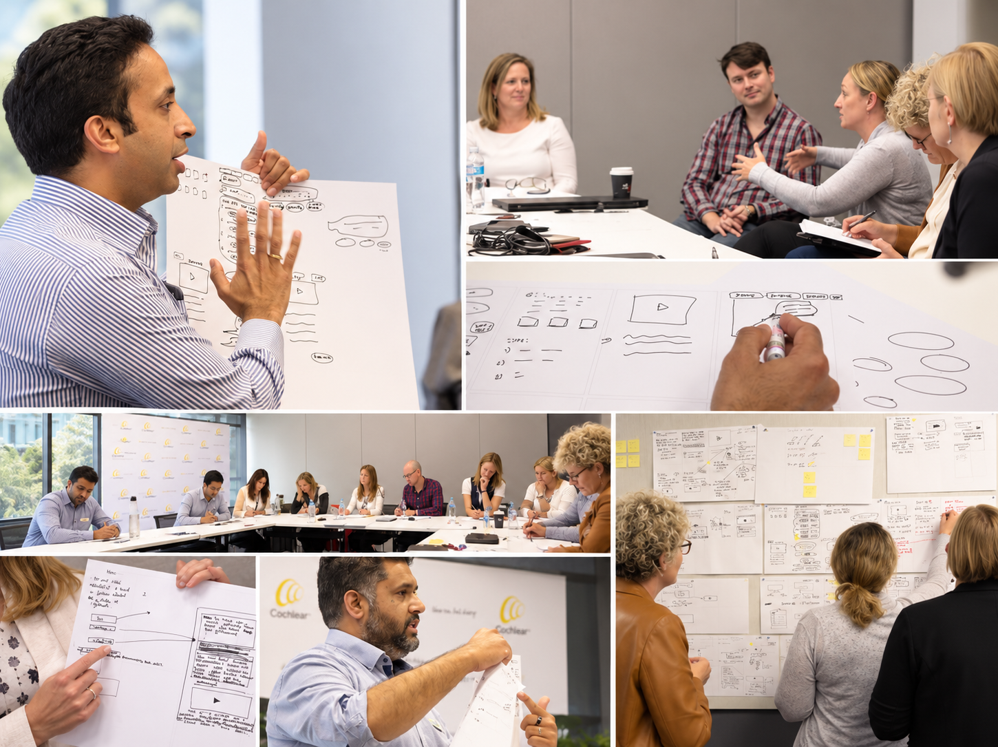 Workshop collage showing design discussions, interface sketches, stakeholder reviews and teams exploring connection flows together.