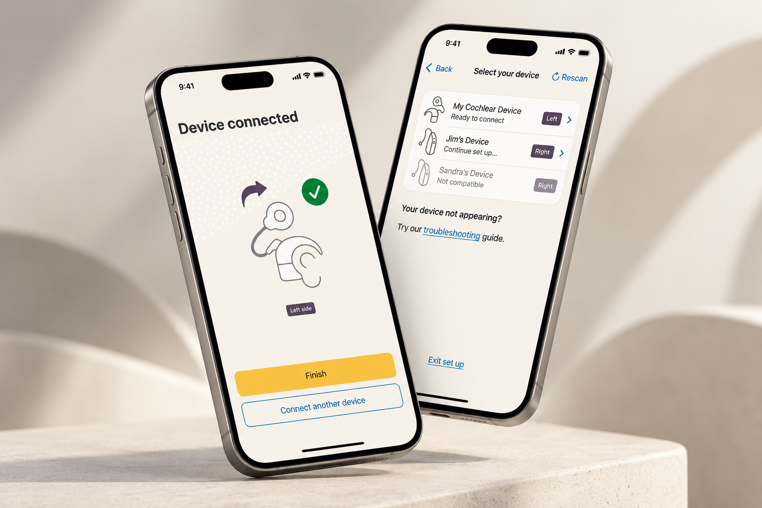 Two high-fidelity mobile screens from the hearing-device connection experience, showing device selection and successful device connection.
