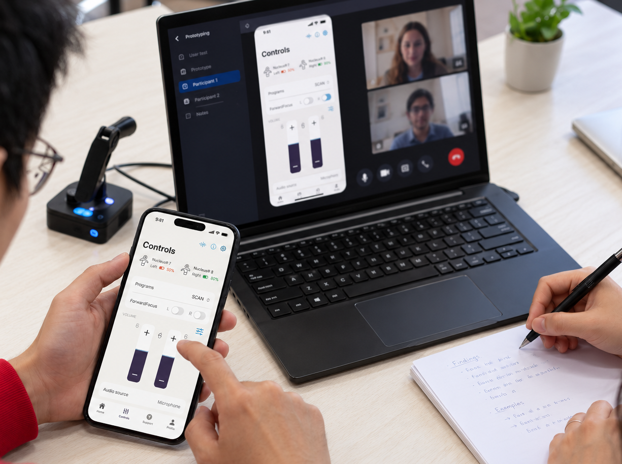 Supporting image illustrating remote concept testing of interactive hearing-device controls, with a phone prototype, participant video calls and notes.