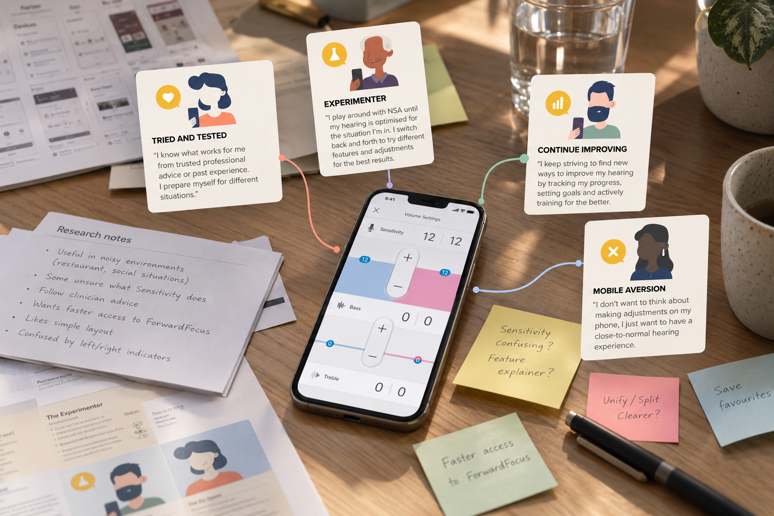 Editorial reconstruction of research artefacts showing the Sensitivity control, research notes and four behavioural archetypes describing different approaches to adjusting hearing.
